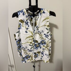 Joie Linen Blouse XL White Blue Floral Sleeveless Button Front Top